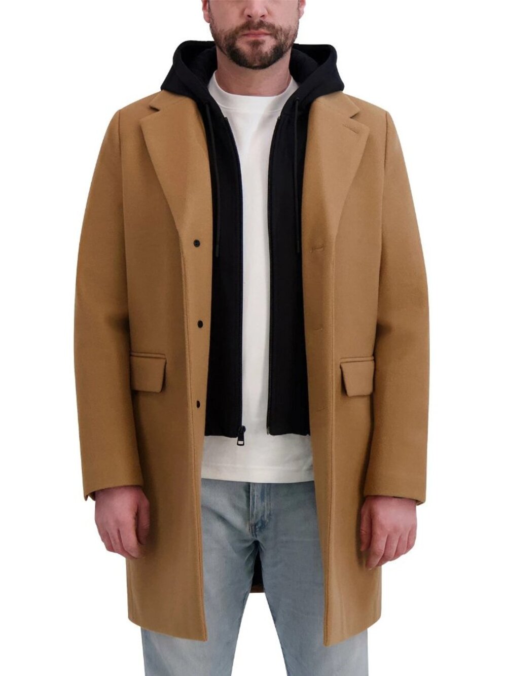 DKNY Camel Single Breasted Fully Lined Overcoat, Detachable Hooded Bib SZ L NWT
